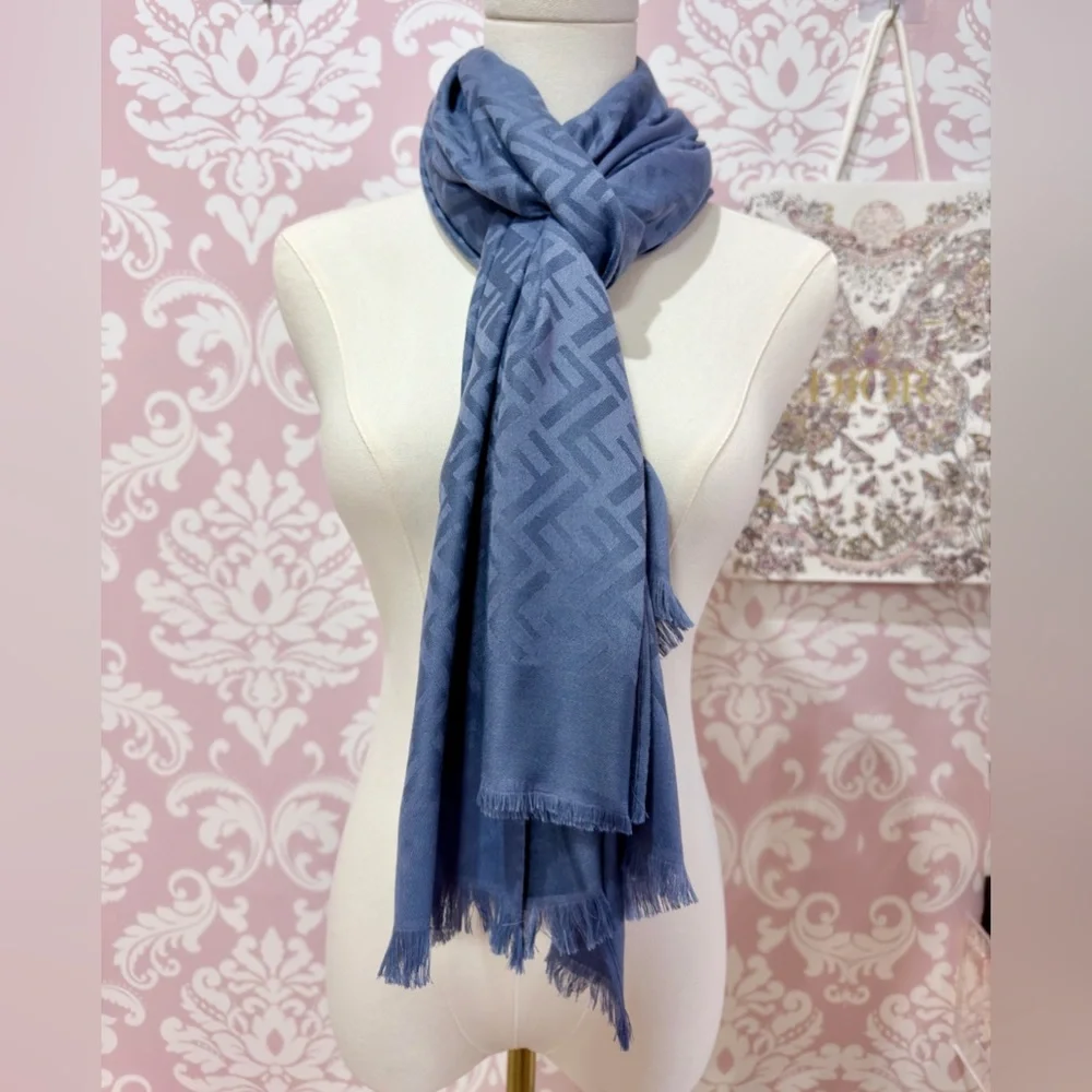Fendi FF Logo Blue Silk & Cashmere Vintage Scarf